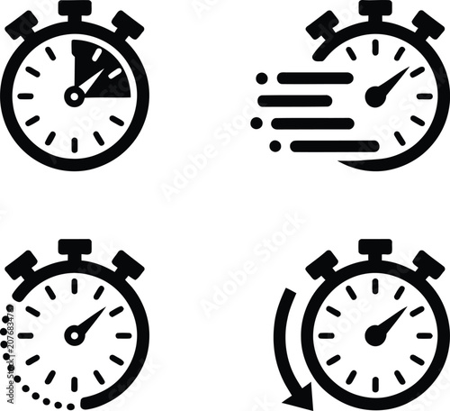 Set of four black stopwatch icons showing different time measurement concepts for speed delivery and countdown timer design
