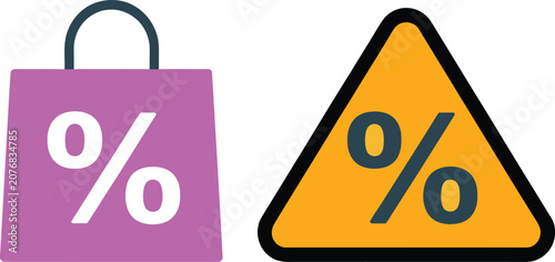 Purple shopping bag and yellow triangle sign with percent symbols for sales and discount promotions vector icon set