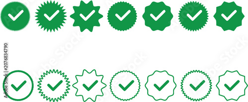 Set of green check mark icons with various star and circle badge shapes for business approval and verified status symbols