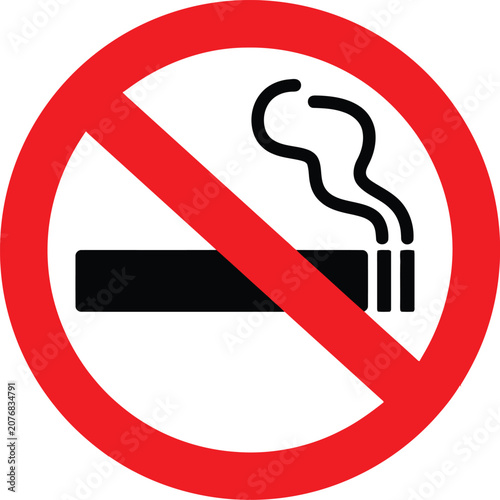 No smoking sign with a black cigarette icon and red prohibition circle for public health safety and restricted areas