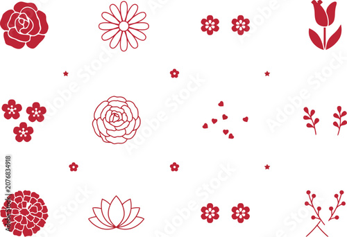 Set of pink and red flower icons with various botanical shapes and floral elements for spring garden design projects and decoration