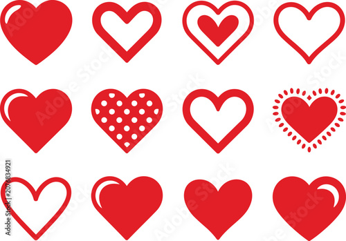 Set of twelve different red heart shapes and love icons for romantic design projects and valentine day greeting cards decoration