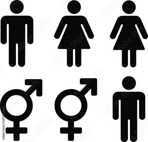 Set of black male and female gender symbols and human body icons for toilet signs or public restroom signage and identity
