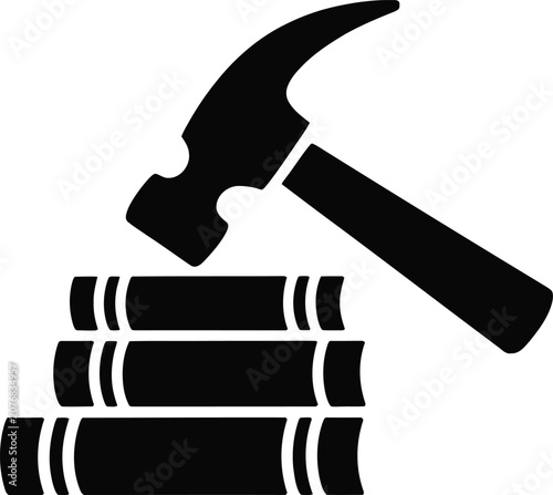 Black silhouette icon of a metal hammer hitting a stack of three thick books representing law justice legal study or research