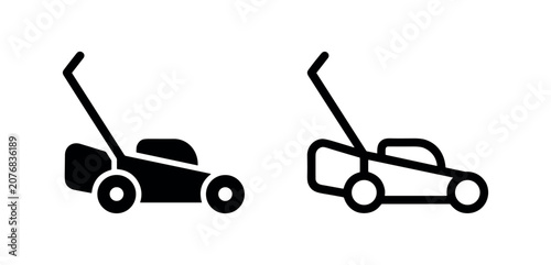 Fotografía Lawn mower icon for gardening in filled and outline style, representing grass cutting and yard maintenance