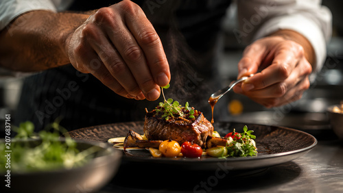 Chef Plating Gourmet Filet Mignon Steak with Sauce and Microgreens