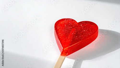 Red heart shaped lollipop on plain white background.