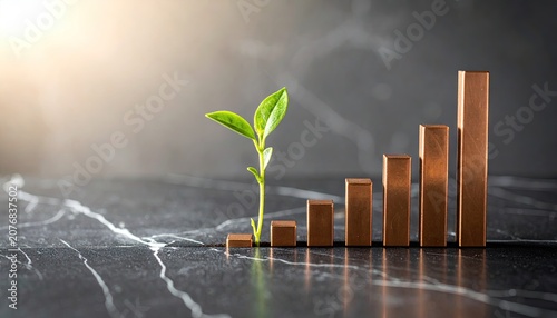 Rising wooden bar graph and sprout on dark stone.