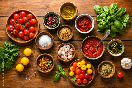 Fresh Mediterranean Cooking Ingredients Flat Lay on Wooden Table