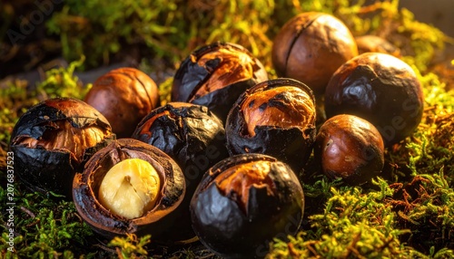 Roasted macadamia nuts on a bed of green moss.