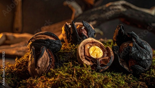 Roasted nuts in shells on dark forest moss.