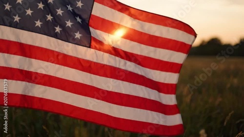 American flag waving in the wind against a sunset sky over a field