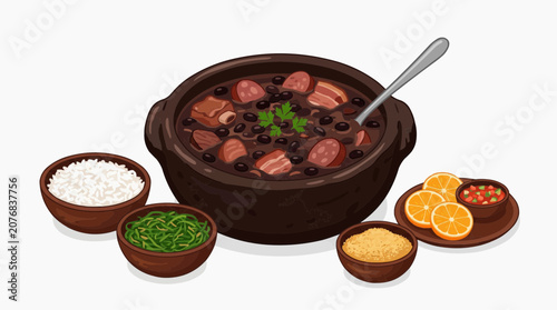 Feijoada Brazilian National Dish with Rice Farofa Orange Slices and Greens in white background.