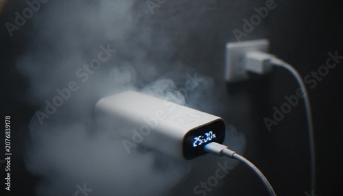 Foto A close-up shot of a portable power bank charging and emitting smoke, illustrating a potential fire hazard or device overheating issue