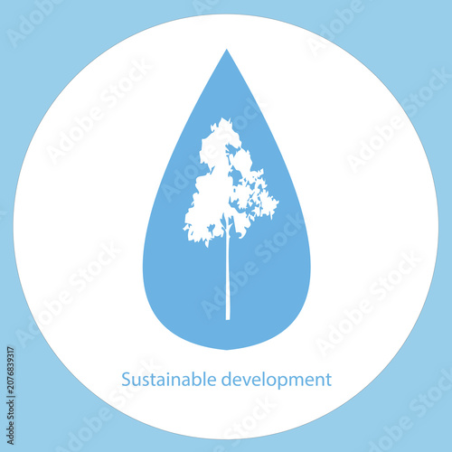 Sustainable development conception banner. Water drop with tree, blue and white, ecology education, stock vector illustration for web, for print, for sticker
