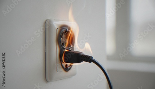 Принти на полотні A close-up view of an electrical wall outlet engulfed in flames, showing signs of severe burning and potential electrical fire hazard