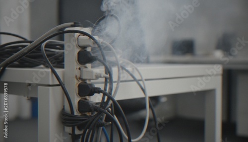 Cuadro en lienzo A close-up shot of an overloaded power strip emitting smoke, indicating an electrical fire hazard in an office setting
