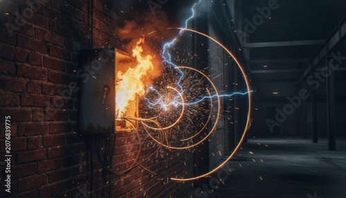 Obraz na płótnie An electrical junction box on a brick wall sparking and catching fire, depicting a dangerous electrical short circuit or power failure