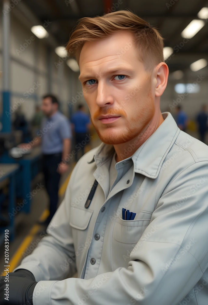 Obraz premium Focused male worker in light uniform in industrial setting