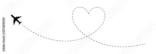 Tableau sur toile Black airplane silhouette leaving a dashed heart-shaped flight path