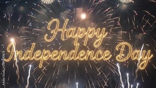 Happy independence day text made of golden sparkling fireworks against a dark night sky background