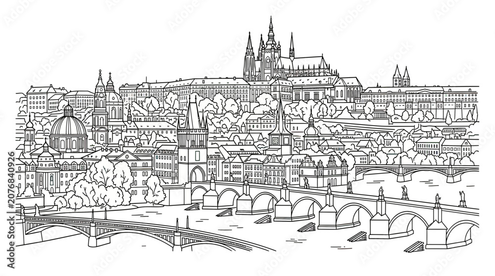 Fototapeta premium Prague Skyline Outline Drawing - Charles Bridge and Prague Castle