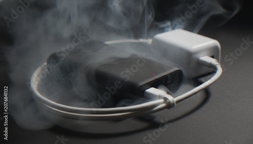 Fotografía A close-up of a black power bank emitting smoke while plugged into a white wall charger, representing a potential battery fire hazard or overheating electronic device