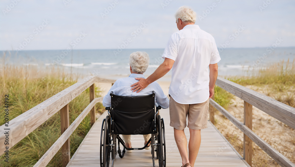 Fototapeta premium Man pushing woman in wheelchair on wooden boardwalk at beach. Happy senior couple enjoying summer vacation. Travel assistance, mobility aid, active aging and retirement lifestyle concept.