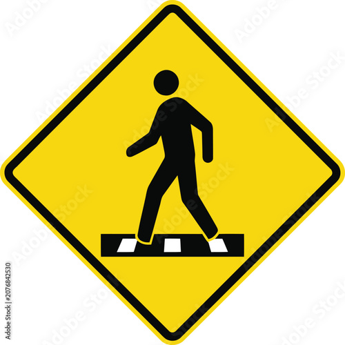 Yellow pedestrian crossing road sign with a black person walking icon
