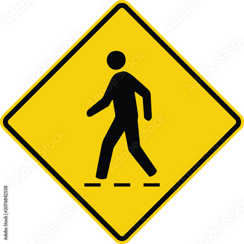 Yellow pedestrian crossing road sign with a black walking person icon