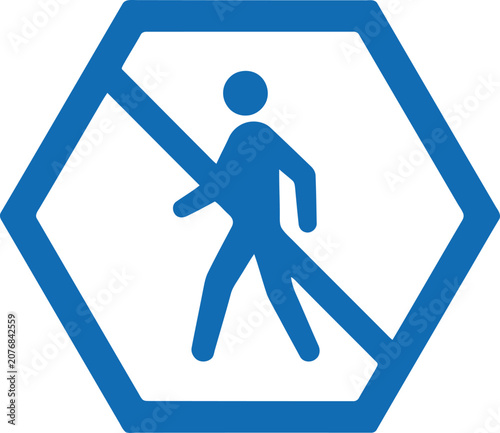 Blue no pedestrian crossing sign symbol inside a hexagon shape