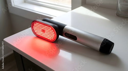 Modern handheld red light therapy device resting on a clean white surface with bright glowing diodes for skin health treatment