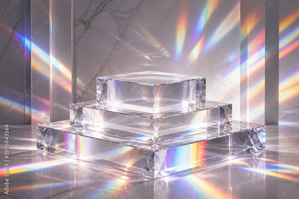 Naklejka premium Crystal blocks reflecting rainbow light on marble surface