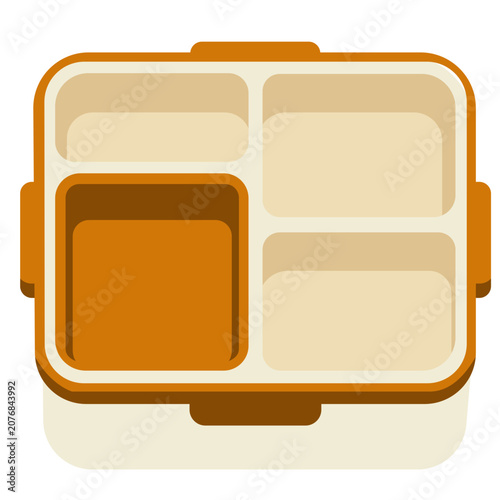Orange lunch box with compartments ideal for picnics, packed meals, bento boxes, and outdoor dining with flat vector style.