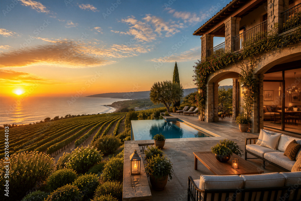 Obraz premium Villa terrace overlooking pool and coastal vineyard at sunset