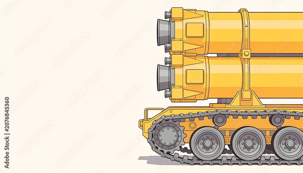 Naklejka premium Flat vector illustration of a heavy yellow tracked military or aerospace vehicle transporting two large rocket boosters or missiles, side profile view on a light background with copy space.