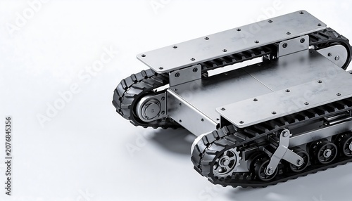 Studio shot of a metallic tracked robot chassis with black rubber treads isolated on a light background with copy space. Concept of robotics, automation, and engineering.