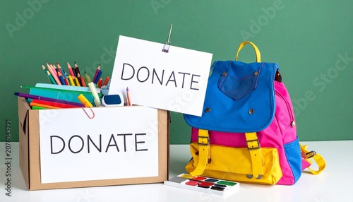 Donation box with school supplies and colorful backpack against green background for charity drive