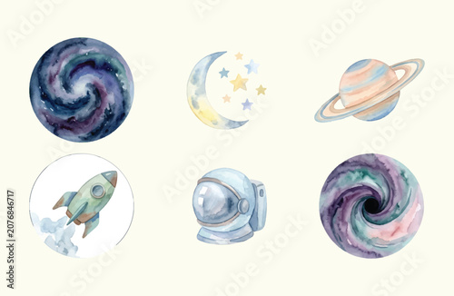 Photos Watercolor Space Icon Set, Celestial and Astronomy Elements Vector