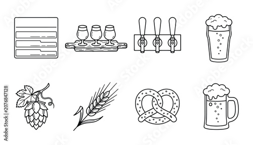 Bild auf Leinwand Beer Icons Set: Tasting Glasses, Taps, Mugs, Hops, Wheat, Pretzel, Menu Board Ve