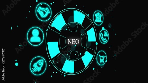 Futuristic Neon Business Ecosystem Infographic with Digital Technology Icons NEO System Software Automation 