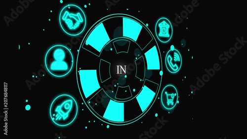 Futuristic Neon Business Ecosystem Infographic with Digital Technology Icons IN System Software Automation 