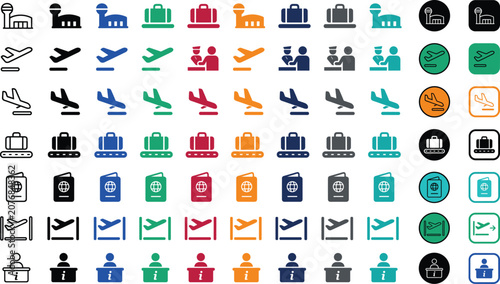 Cuadro en lienzo Airport travel icon set with airplane departure arrival passport baggage claim c