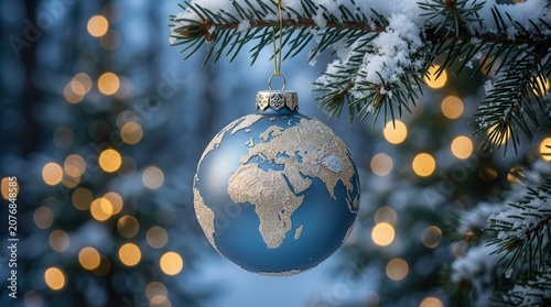 An Earth globe Christmas ornament hanging on a snowy winter tree branch.