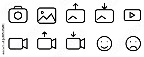 Original Media Icon Set with Ten Outline Symbols for Photo Video and Chat