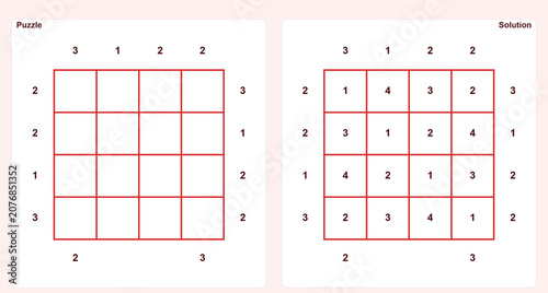 Obraz na płótnie Logic puzzle grid skyscrapers with numbers and solution layout on white backgrou