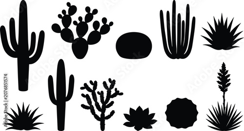 Obraz na plátně Desert cactus and succulent plants black silhouette icons set featuring saguaro