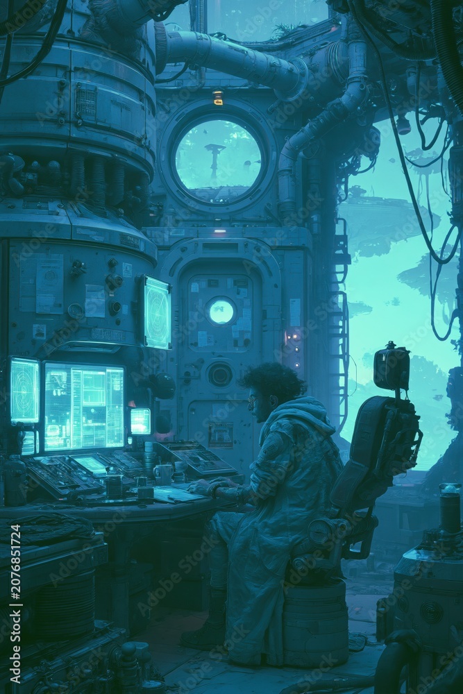 Fototapeta premium A dreamlike, sci‑fi observatory workspace bathed in turquoise lighting, where a lone technician sits at a console surrounded by glass screens and retrofuturistic control panels. A circular hatch and