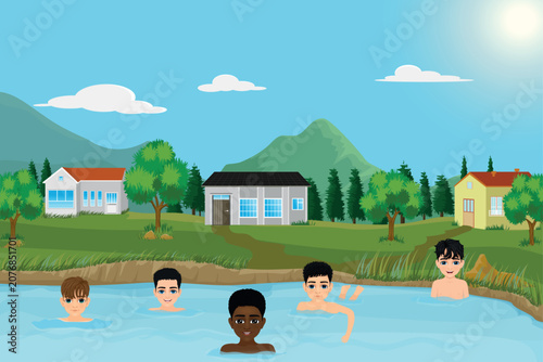 teenage peers swimming in the small lake in front of their houses