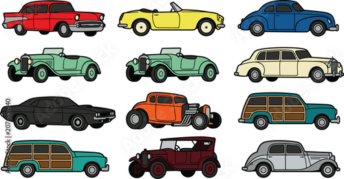 Bild auf Leinwand Retro vintage cars and antique classic automobiles flat cartoon line icons set f